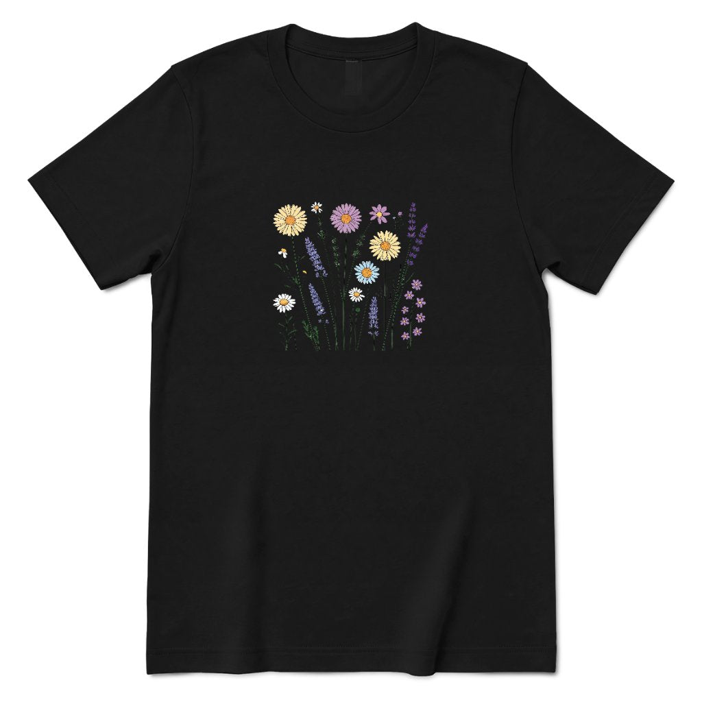 **Boho Lavender Daisy Wildflower Shirt, Abstract Floral Graphic Casual Short Sleeve Top** - Black Front