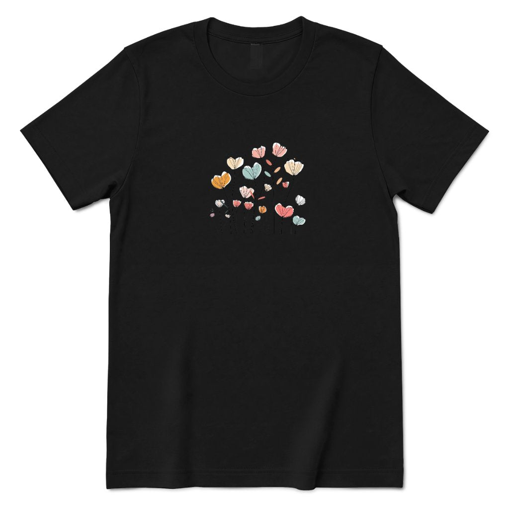 Pastel Boho Wildflower Line Art Tee - Black Front