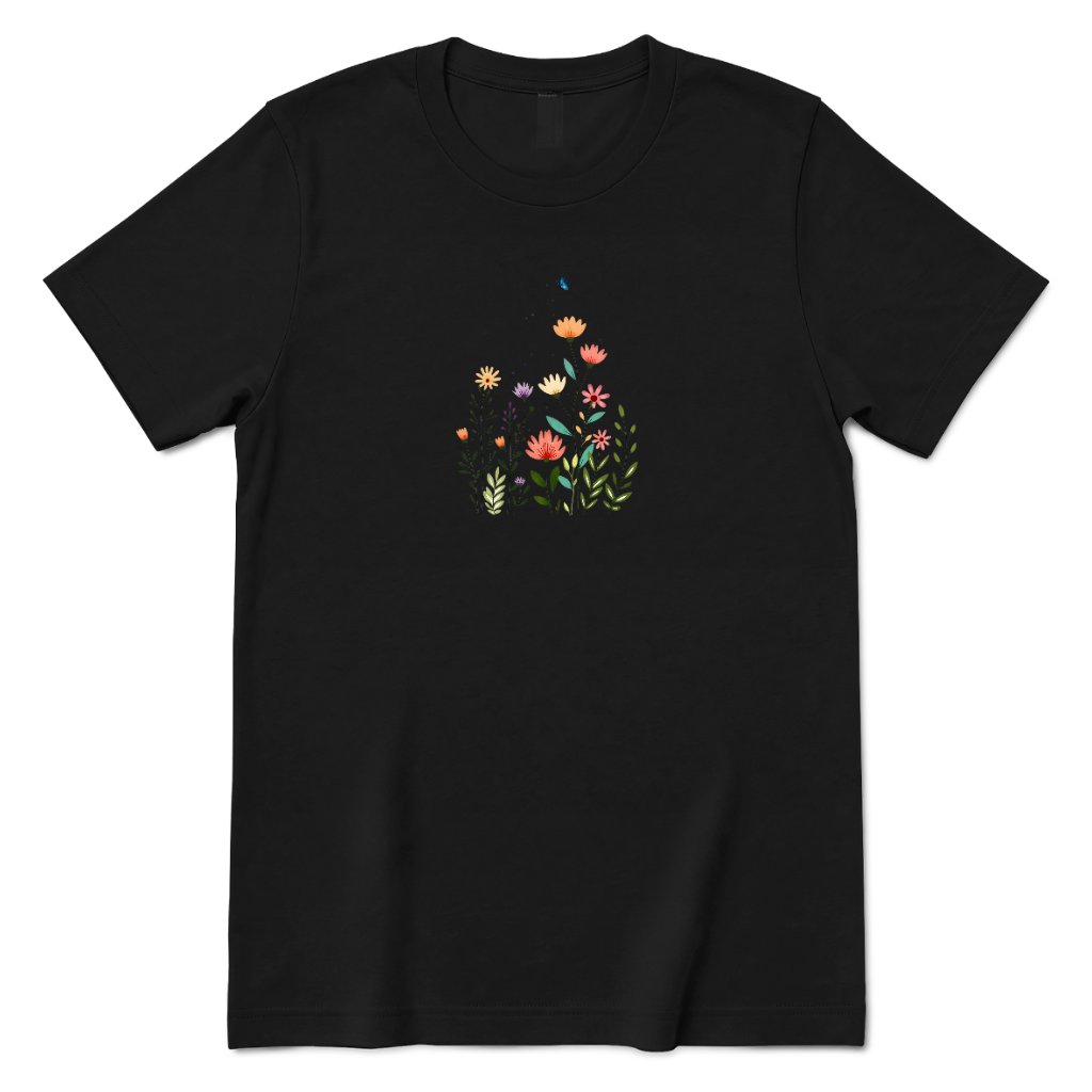 Boho Wildflower Butterfly Graphic Shirt, Abstract Floral Print Casual Short Sleeve Top - Black Front