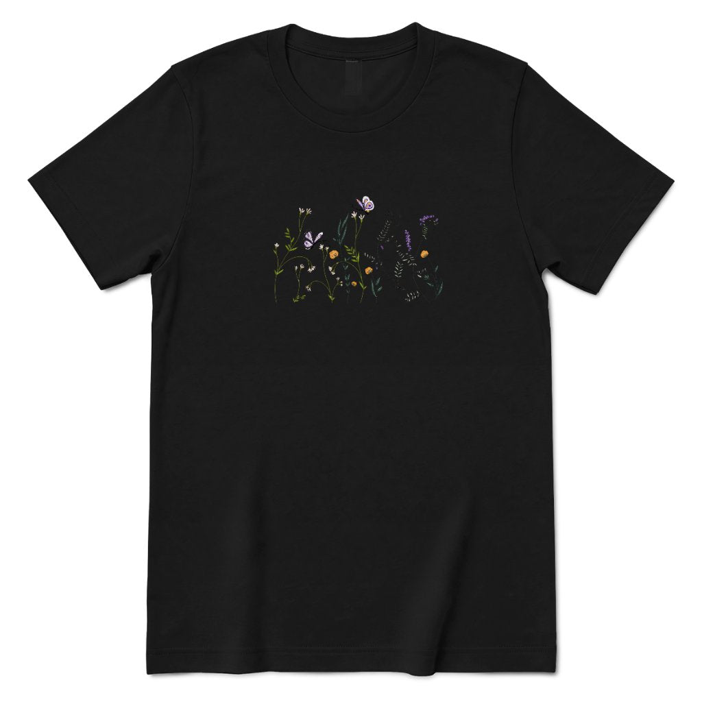 Vintage Embroidery Butterfly Wildflower Graphic Tee, Women Premium 100% Cotton Relaxed Fit Crew Neck Short Sleeve Top, Minimal Printed T‑Shirt for Street Outdoor Daily Office Casual Outfits - Black Front