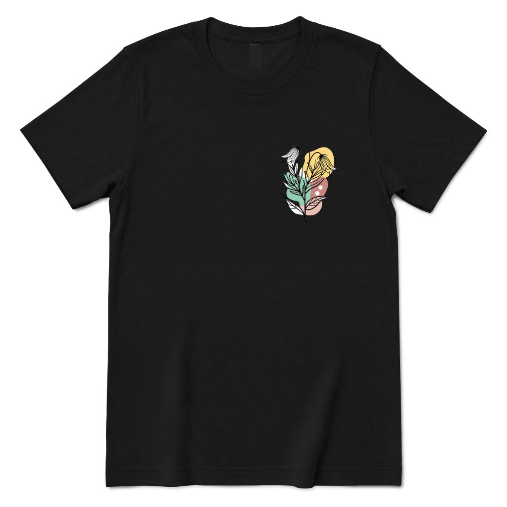 Boho Wildflower Pocket Print T‑Shirt, Minimal Floral Line Art Tee, Subtle Botanical Casual Top, Abstract Wild Flower Shirt, Soft Boho Daily Wear Tee - Black Front