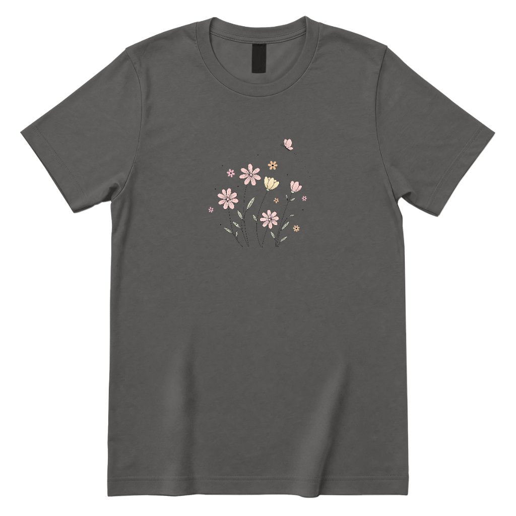 Soft Pastel Pink Floral Butterfly Graphic Tee - Charcoal Front