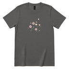 Soft Pastel Pink Floral Butterfly Graphic Tee - Charcoal Front