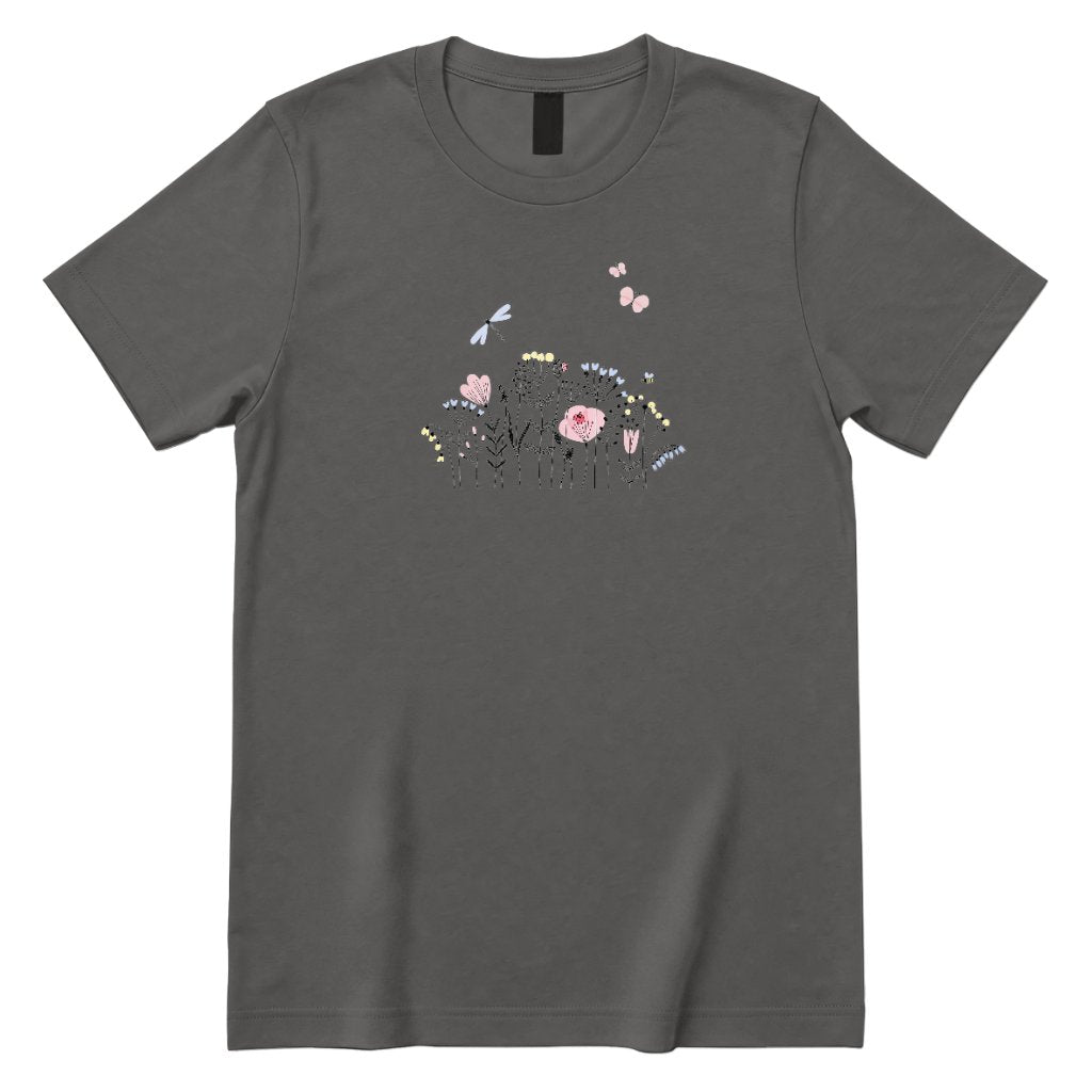 **Line Art Floral Dragonfly Bee Graphic Tee, Boho Wildflower Casual Short Sleeve Shirt** - Charcoal Front