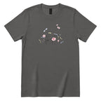**Line Art Floral Dragonfly Bee Graphic Tee, Boho Wildflower Casual Short Sleeve Shirt** - Charcoal Front
