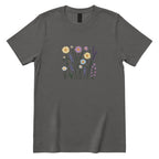 **Boho Lavender Daisy Wildflower Shirt, Abstract Floral Graphic Casual Short Sleeve Top** - Charcoal Front