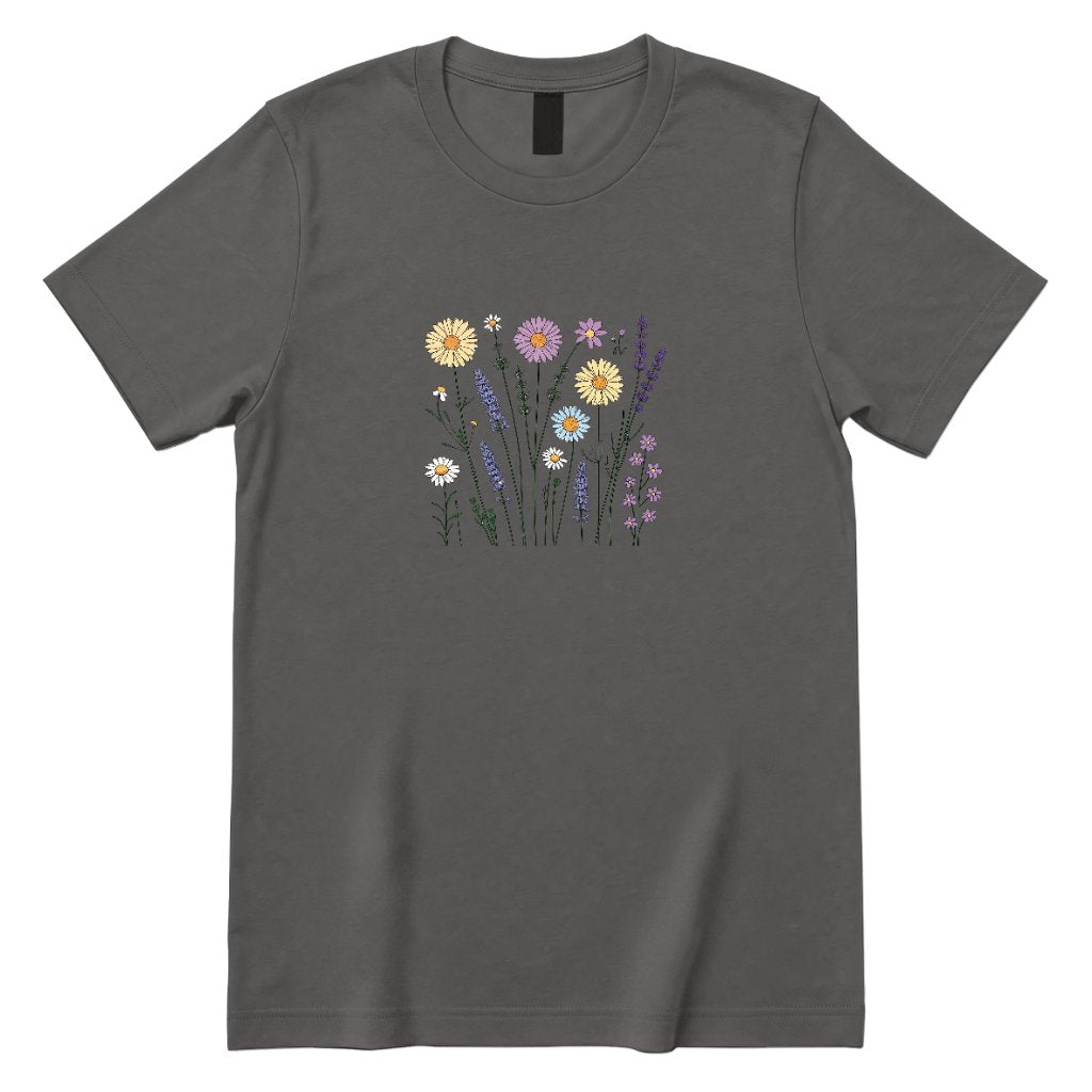 **Boho Lavender Daisy Wildflower Shirt, Abstract Floral Graphic Casual Short Sleeve Top** - Charcoal Front