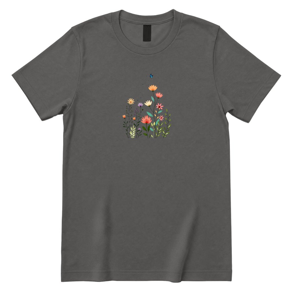 Boho Wildflower Butterfly Graphic Shirt, Abstract Floral Print Casual Short Sleeve Top - Charcoal Front