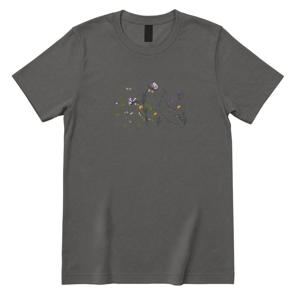Vintage Embroidery Butterfly Wildflower Graphic Tee, Women Premium 100% Cotton Relaxed Fit Crew Neck Short Sleeve Top, Minimal Printed T‑Shirt for Street Outdoor Daily Office Casual Outfits - Charcoal Front