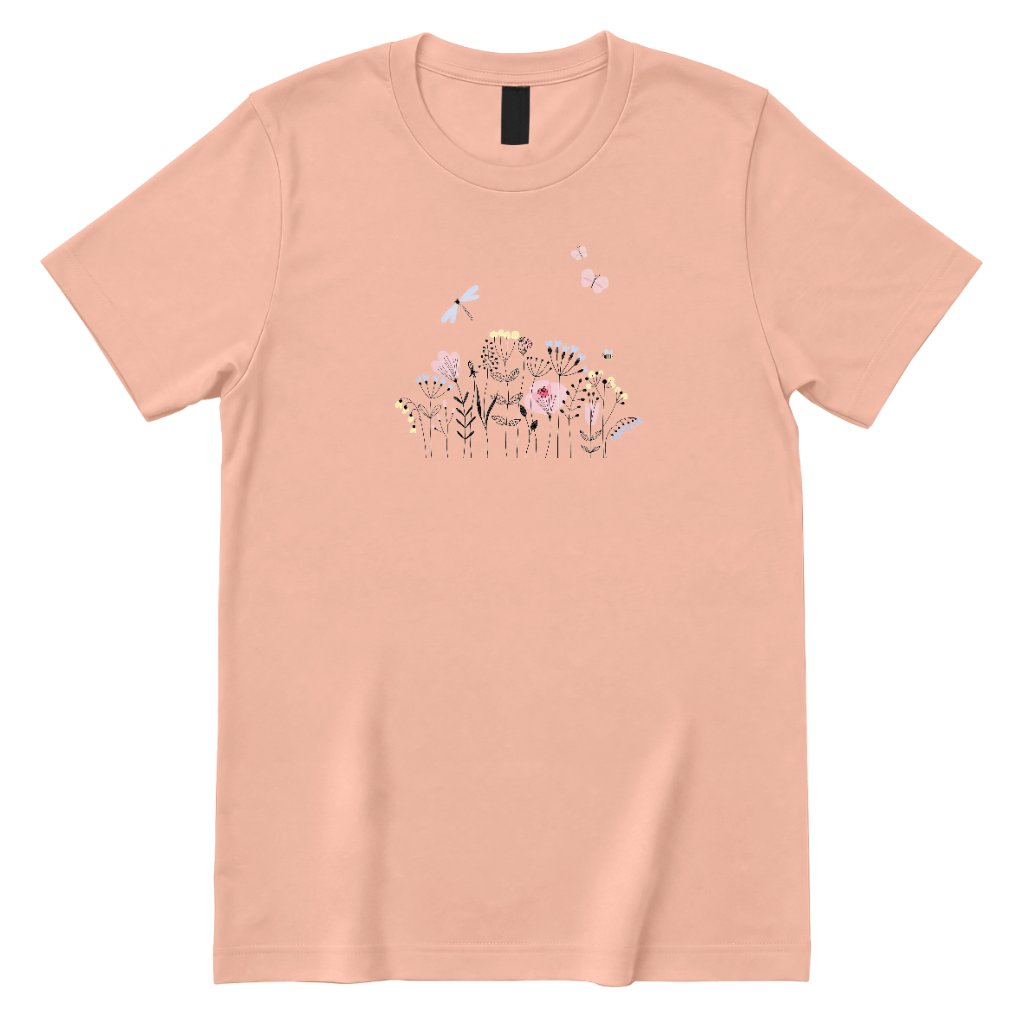 **Line Art Floral Dragonfly Bee Graphic Tee, Boho Wildflower Casual Short Sleeve Shirt** - Dusty Rose Front
