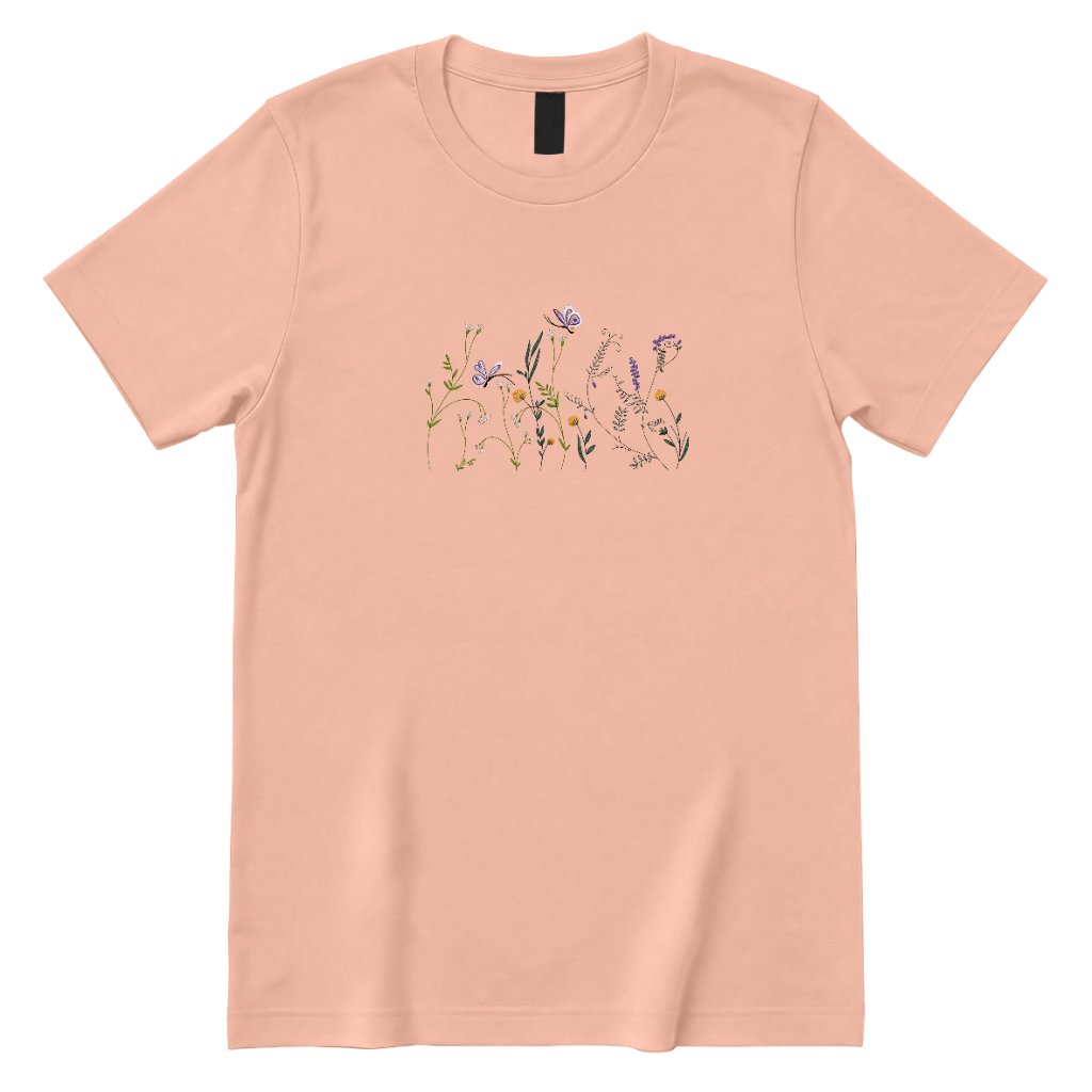 Vintage Embroidery Butterfly Wildflower Graphic Tee, Women Premium 100% Cotton Relaxed Fit Crew Neck Short Sleeve Top, Minimal Printed T‑Shirt for Street Outdoor Daily Office Casual Outfits - Dusty Rose Front