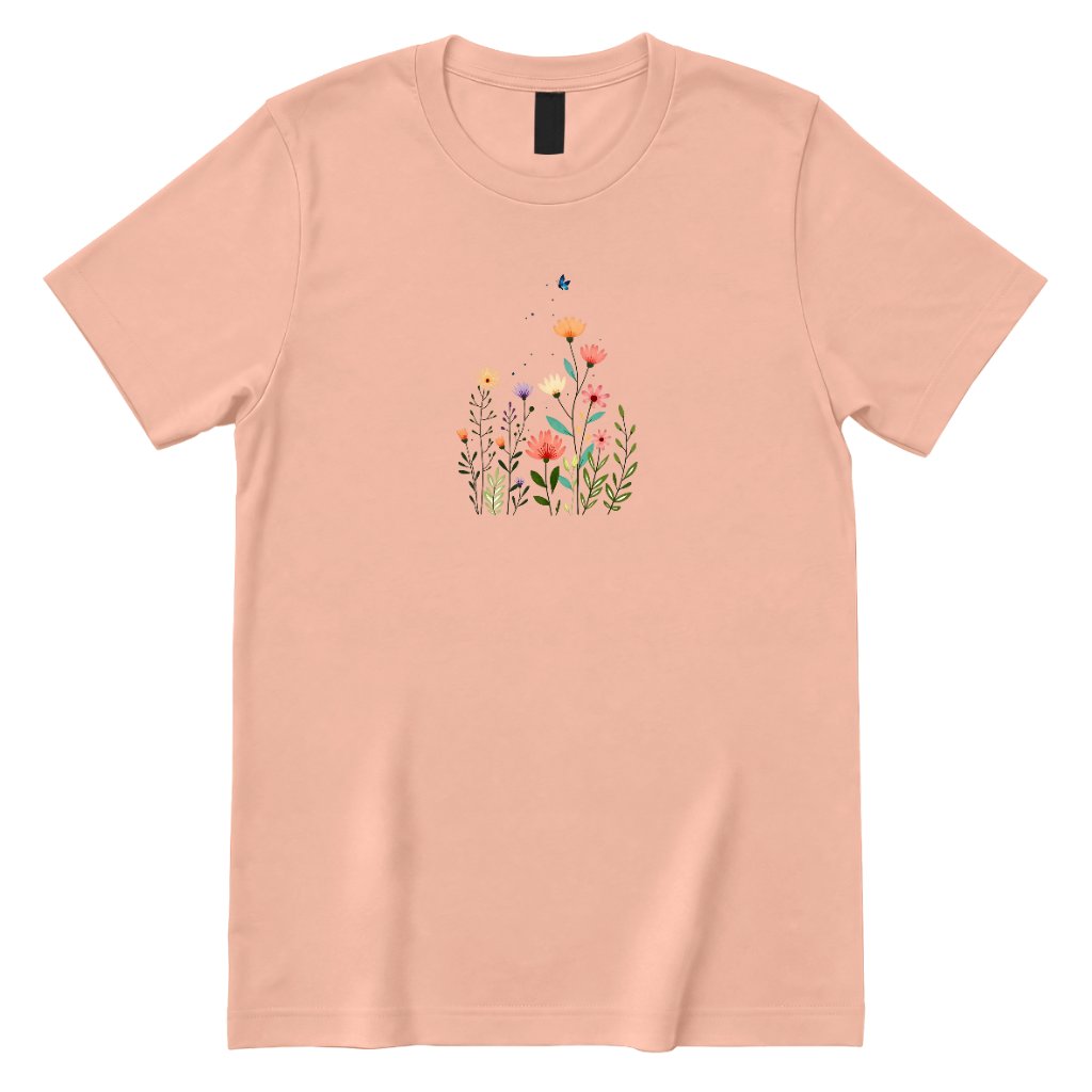 Boho Wildflower Butterfly Graphic Shirt, Abstract Floral Print Casual Short Sleeve Top - Dusty Rose Front