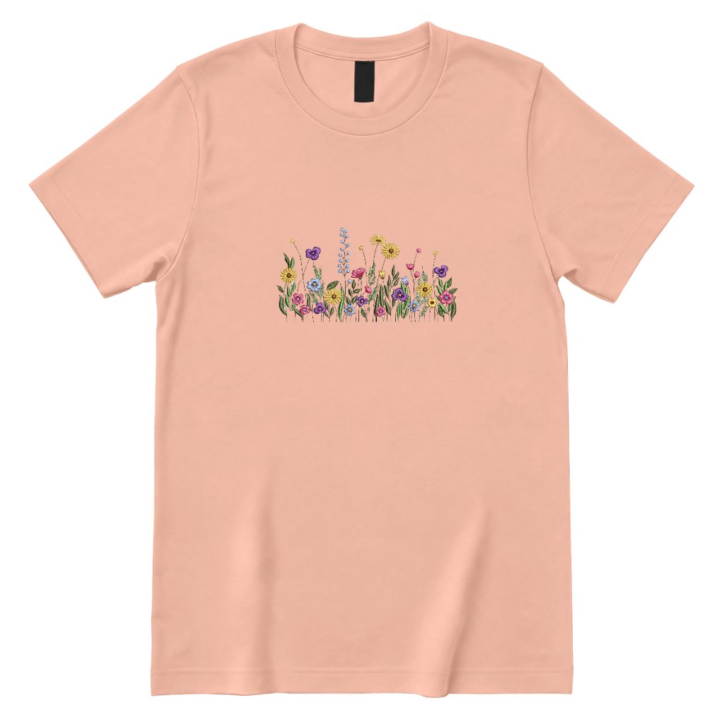 **Vintage Meadow Wildflower Graphic Tee, Boho Floral Print Casual Short Sleeve Shirt** - Dusty Rose Front