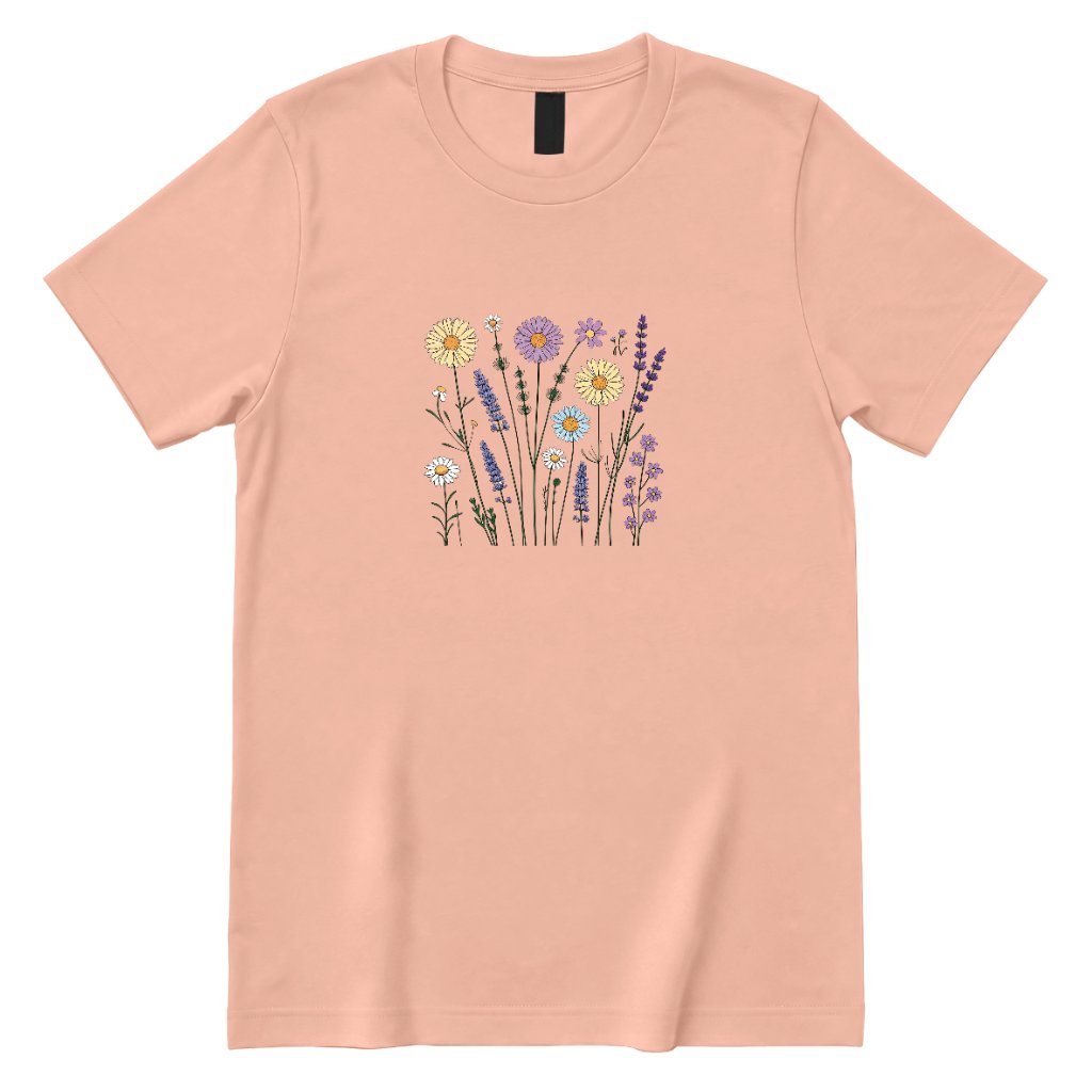 **Boho Lavender Daisy Wildflower Shirt, Abstract Floral Graphic Casual Short Sleeve Top** - Dusty Rose Front