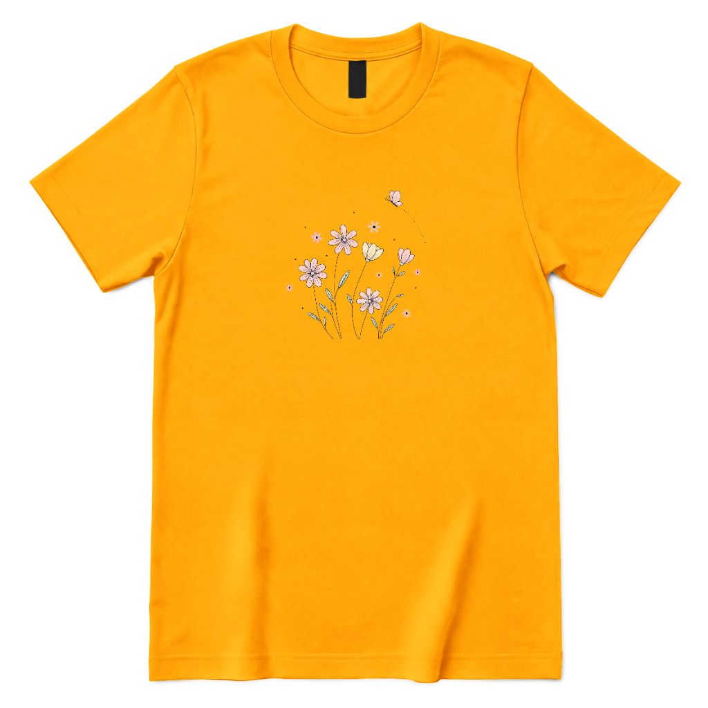 Soft Pastel Pink Floral Butterfly Graphic Tee - Gold Front