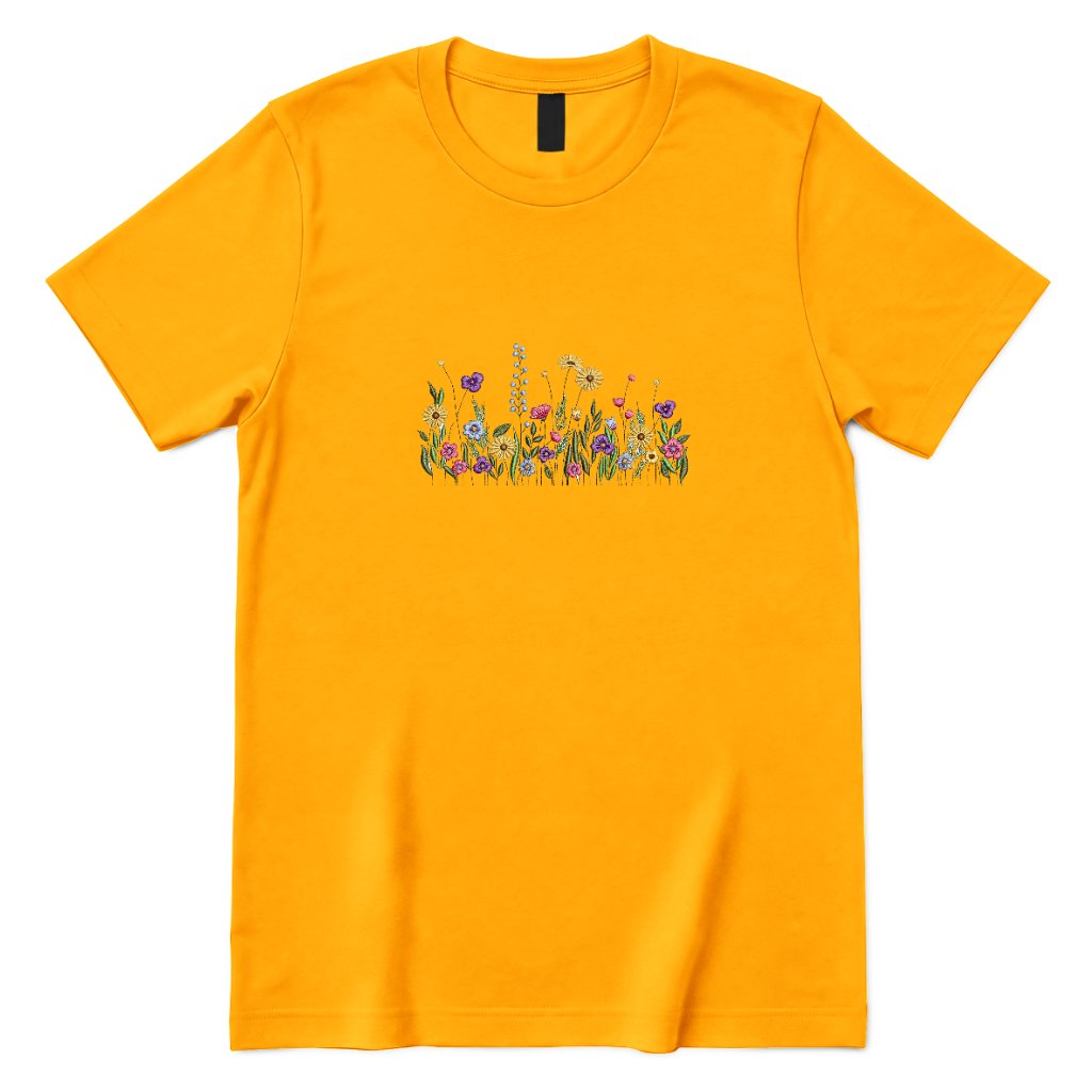 **Vintage Meadow Wildflower Graphic Tee, Boho Floral Print Casual Short Sleeve Shirt** - Gold Front