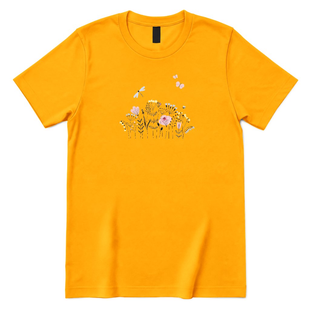 **Line Art Floral Dragonfly Bee Graphic Tee, Boho Wildflower Casual Short Sleeve Shirt** - Gold Front