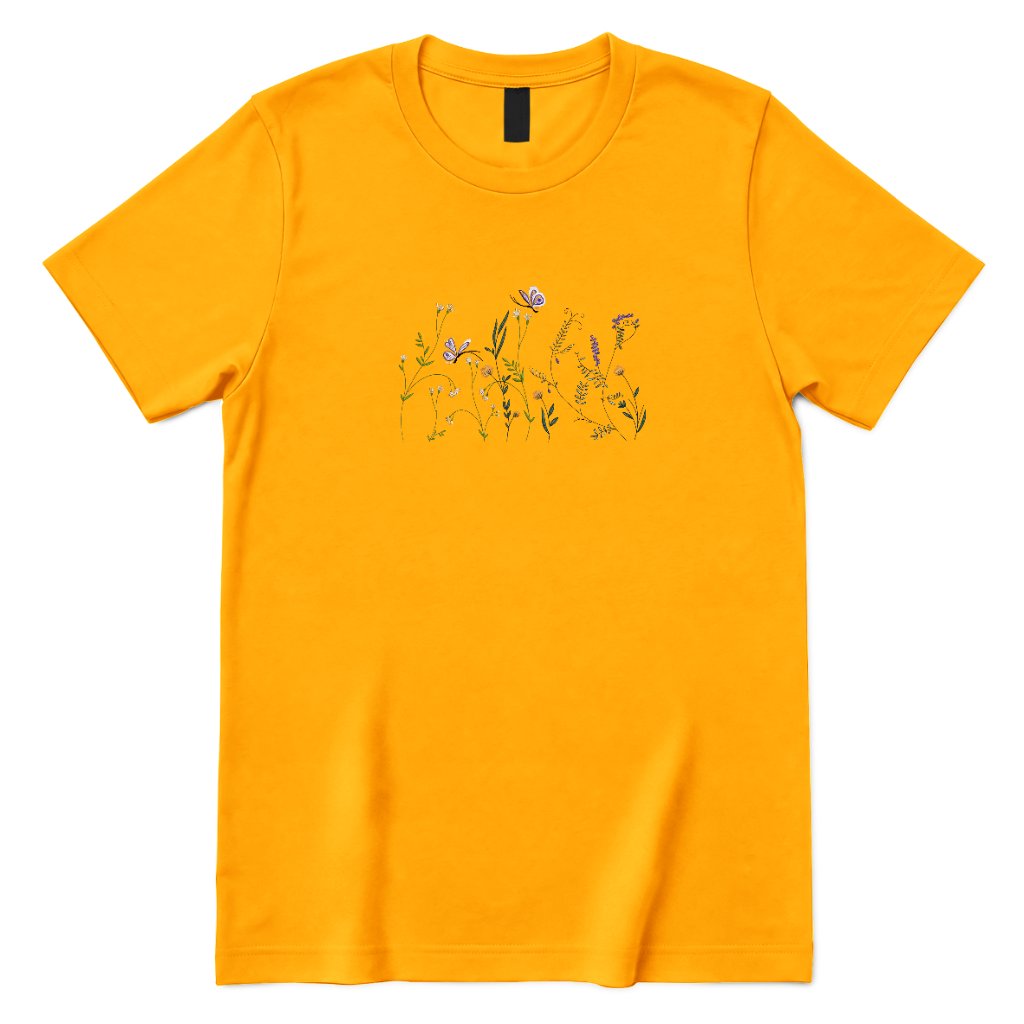 Vintage Embroidery Butterfly Wildflower Graphic Tee, Women Premium 100% Cotton Relaxed Fit Crew Neck Short Sleeve Top, Minimal Printed T‑Shirt for Street Outdoor Daily Office Casual Outfits - Gold Front