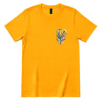 Boho Wildflower Pocket Print T‑Shirt, Minimal Floral Line Art Tee, Subtle Botanical Casual Top, Abstract Wild Flower Shirt, Soft Boho Daily Wear Tee - Gold Front