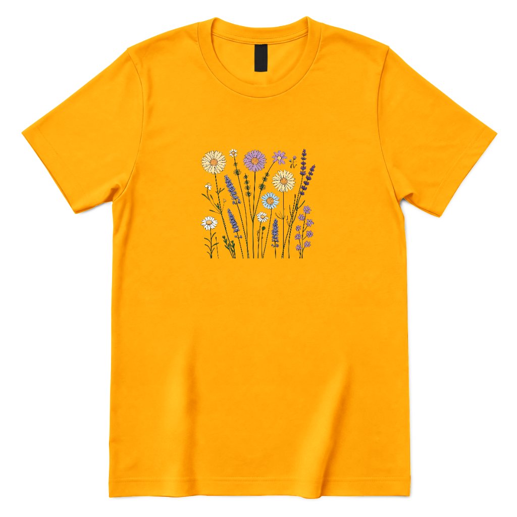 **Boho Lavender Daisy Wildflower Shirt, Abstract Floral Graphic Casual Short Sleeve Top** - Gold Front