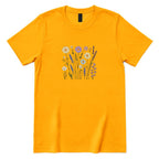 **Boho Lavender Daisy Wildflower Shirt, Abstract Floral Graphic Casual Short Sleeve Top** - Gold Front