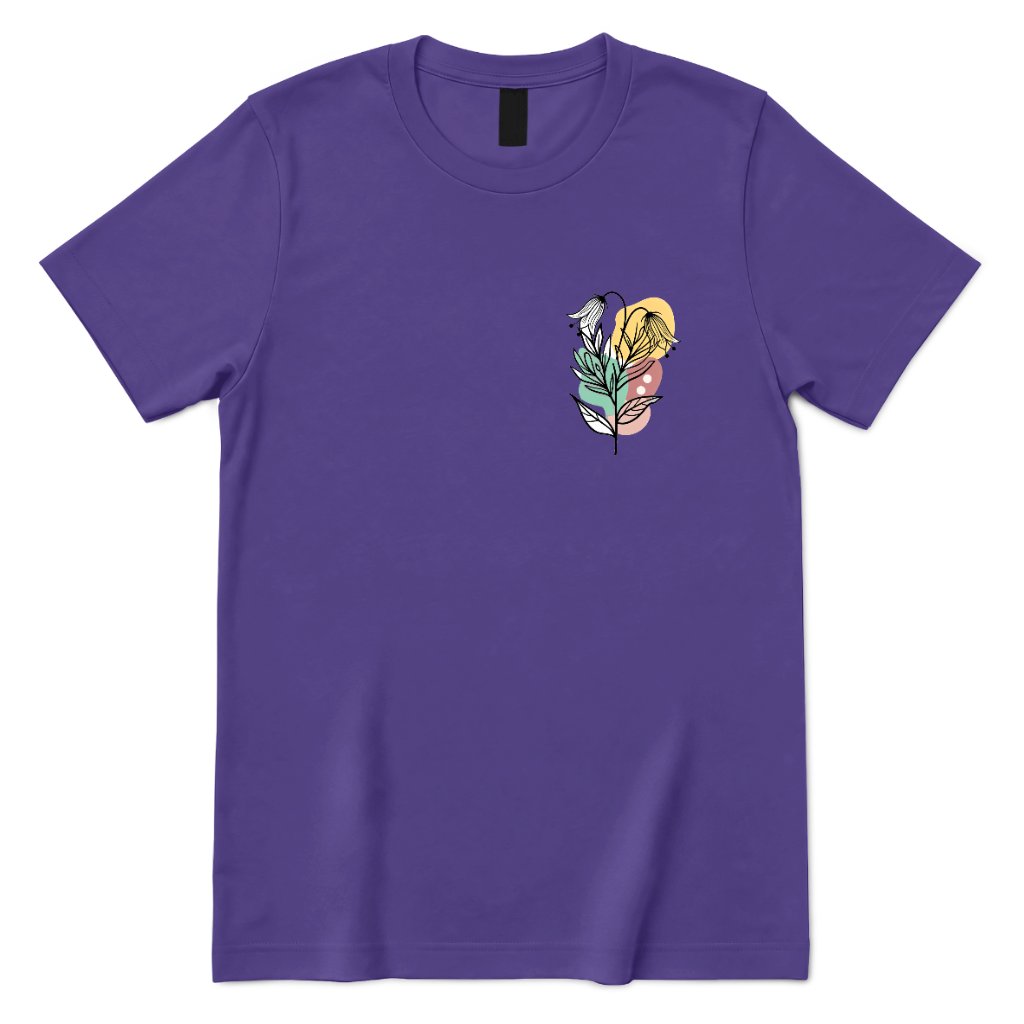 Boho Wildflower Pocket Print T‑Shirt, Minimal Floral Line Art Tee, Subtle Botanical Casual Top, Abstract Wild Flower Shirt, Soft Boho Daily Wear Tee - Lilac Front