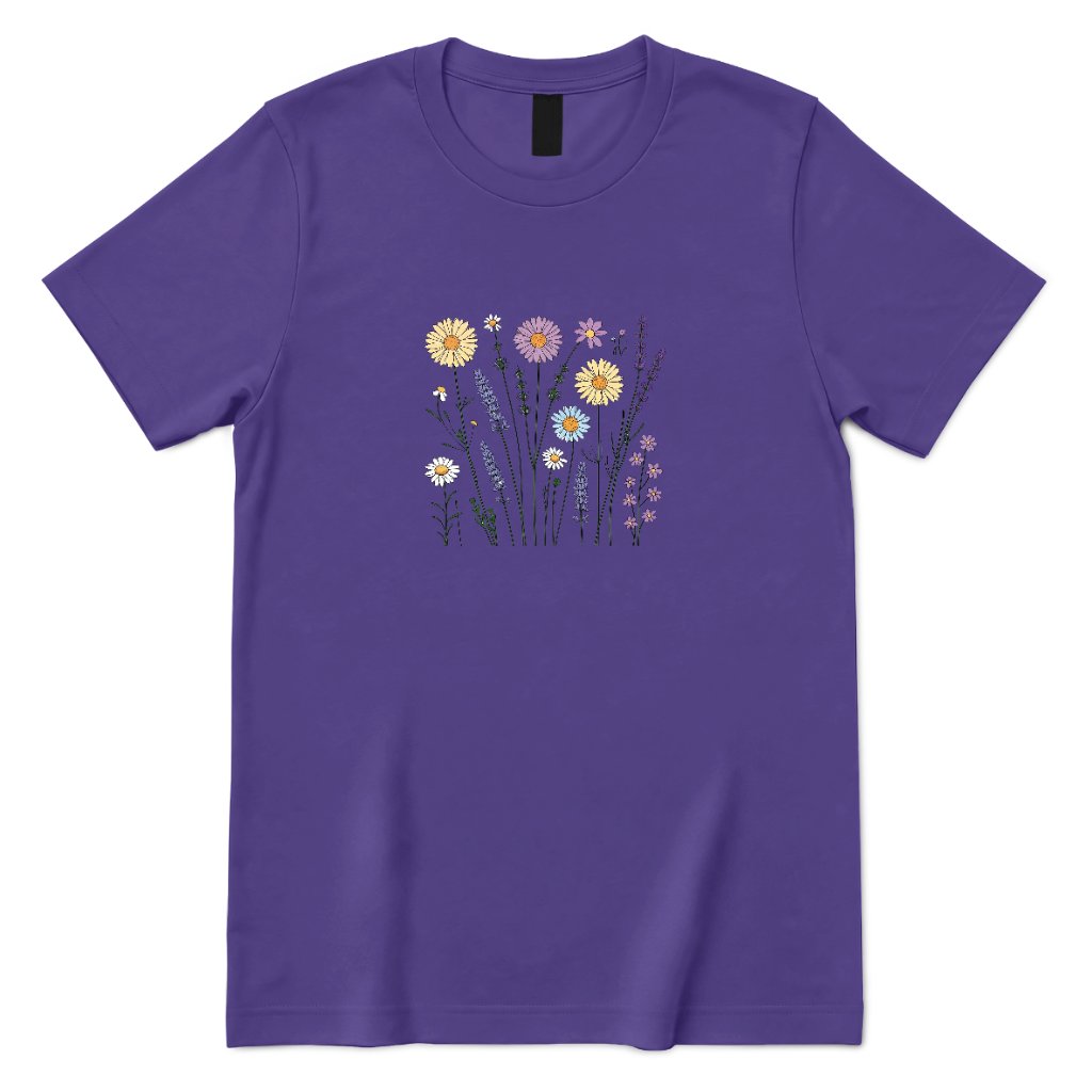 **Boho Lavender Daisy Wildflower Shirt, Abstract Floral Graphic Casual Short Sleeve Top** - Lilac Front