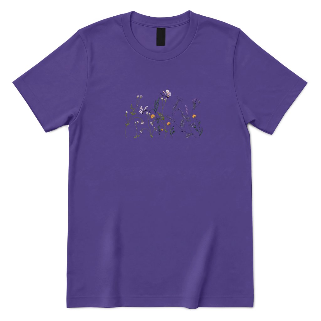 Vintage Embroidery Butterfly Wildflower Graphic Tee, Women Premium 100% Cotton Relaxed Fit Crew Neck Short Sleeve Top, Minimal Printed T‑Shirt for Street Outdoor Daily Office Casual Outfits - Lilac Front