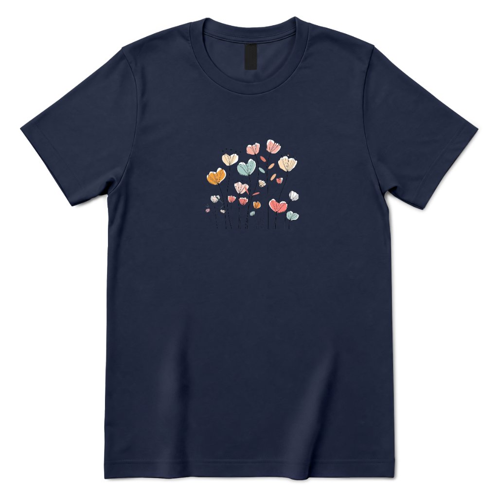 Pastel Boho Wildflower Line Art Tee - Navy Front