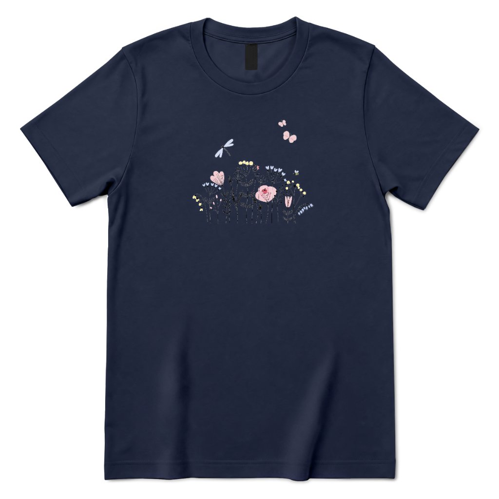 **Line Art Floral Dragonfly Bee Graphic Tee, Boho Wildflower Casual Short Sleeve Shirt** - Navy Front
