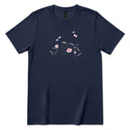 **Line Art Floral Dragonfly Bee Graphic Tee, Boho Wildflower Casual Short Sleeve Shirt** - Navy Front