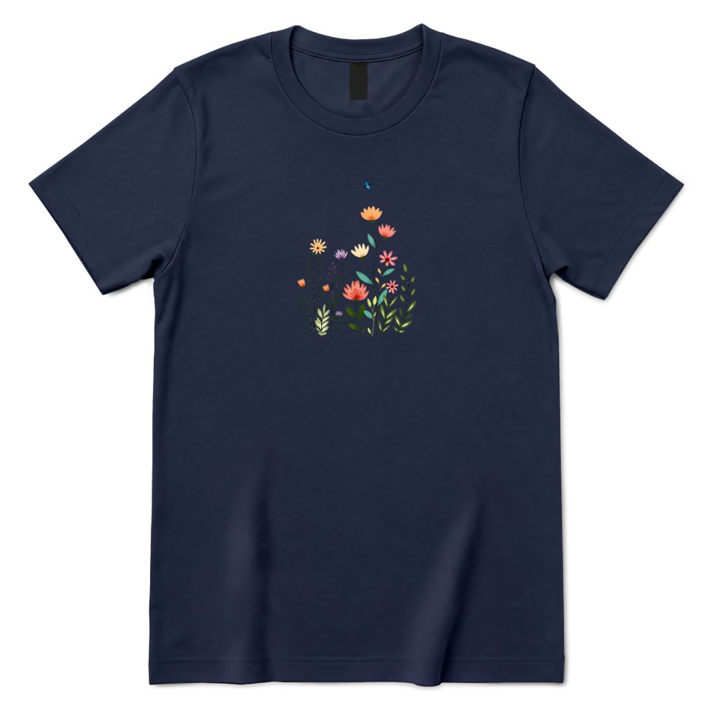 Boho Wildflower Butterfly Graphic Shirt, Abstract Floral Print Casual Short Sleeve Top - Navy Front