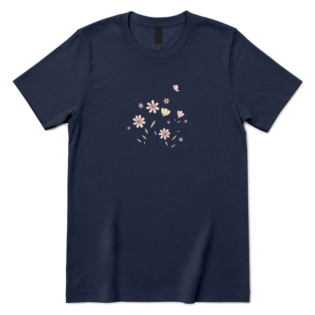 Soft Pastel Pink Floral Butterfly Graphic Tee - Navy Front