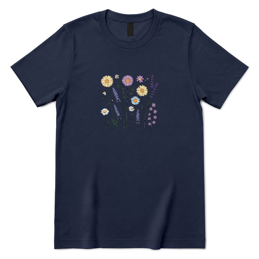 **Boho Lavender Daisy Wildflower Shirt, Abstract Floral Graphic Casual Short Sleeve Top** - Navy Front