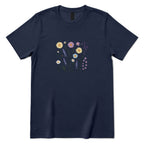 **Boho Lavender Daisy Wildflower Shirt, Abstract Floral Graphic Casual Short Sleeve Top** - Navy Front