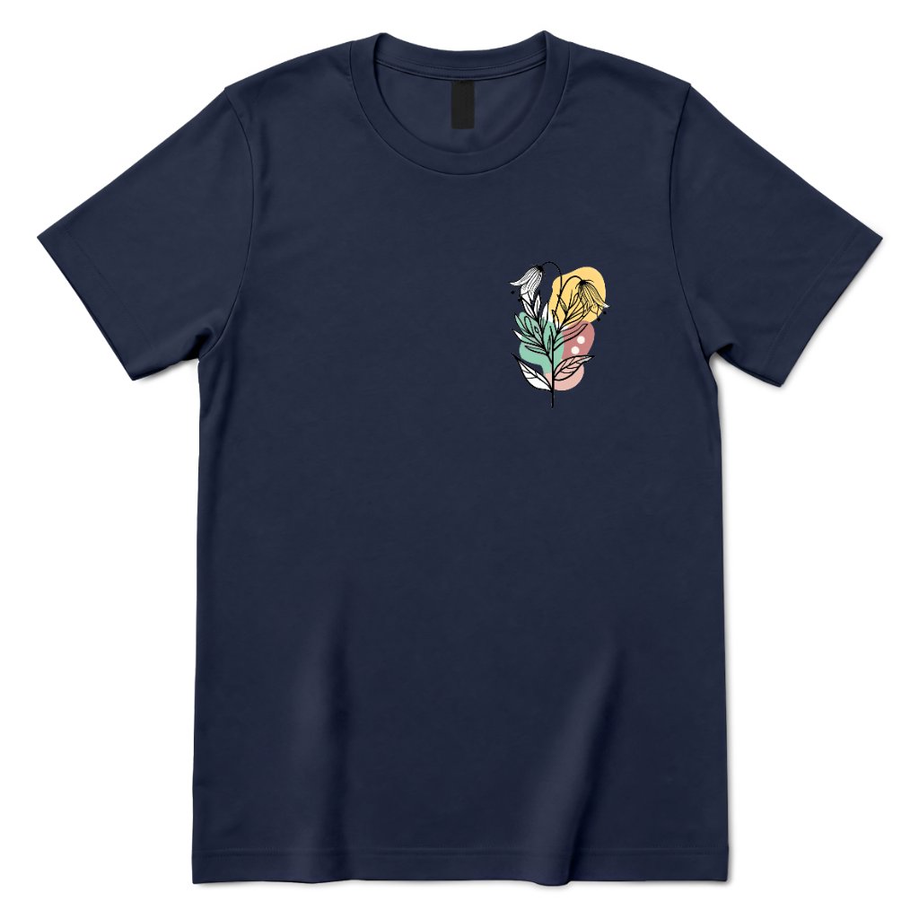 Boho Wildflower Pocket Print T‑Shirt, Minimal Floral Line Art Tee, Subtle Botanical Casual Top, Abstract Wild Flower Shirt, Soft Boho Daily Wear Tee - Navy Front