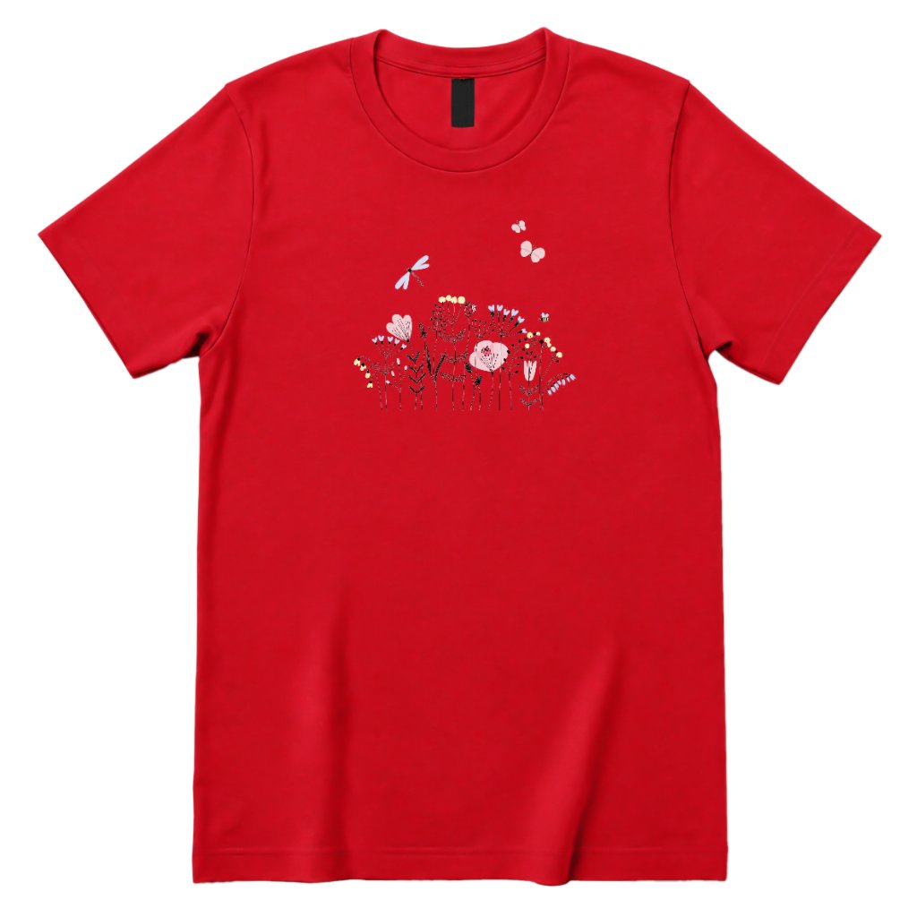 **Line Art Floral Dragonfly Bee Graphic Tee, Boho Wildflower Casual Short Sleeve Shirt** - Red Front