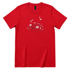 **Line Art Floral Dragonfly Bee Graphic Tee, Boho Wildflower Casual Short Sleeve Shirt** - Red Front