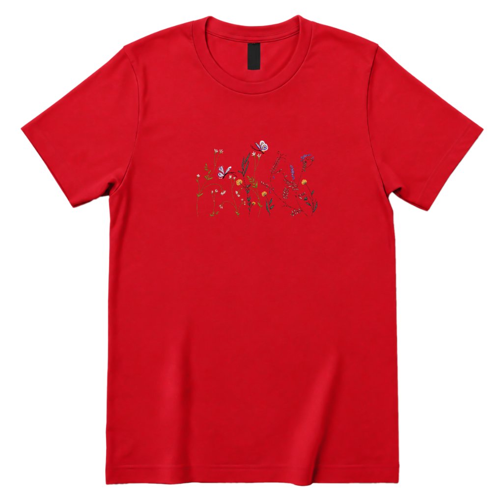 Vintage Embroidery Butterfly Wildflower Graphic Tee, Women Premium 100% Cotton Relaxed Fit Crew Neck Short Sleeve Top, Minimal Printed T‑Shirt for Street Outdoor Daily Office Casual Outfits - Red Front