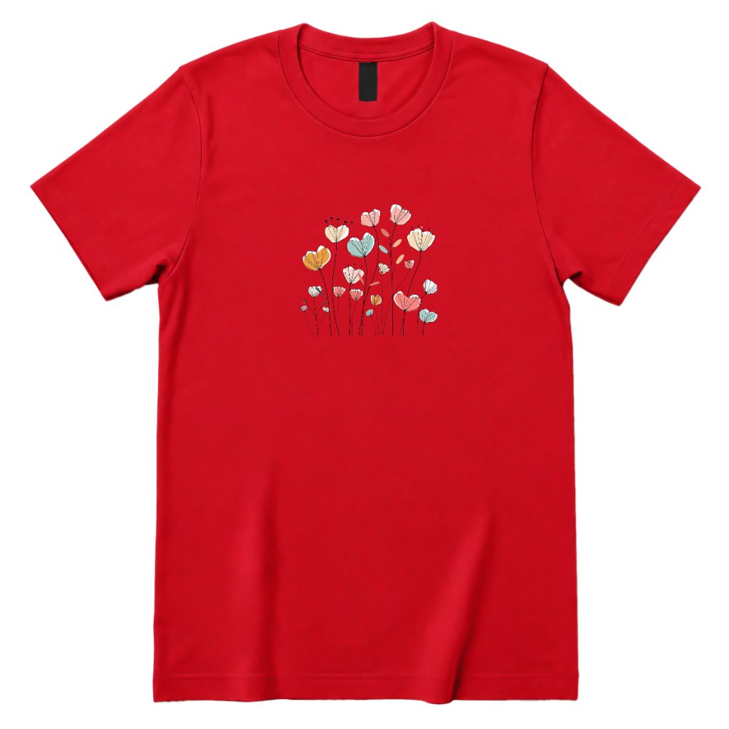 Pastel Boho Wildflower Line Art Tee - Red Front