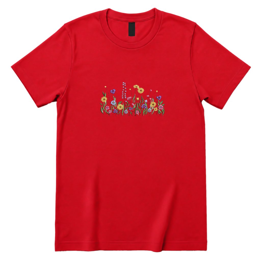 **Vintage Meadow Wildflower Graphic Tee, Boho Floral Print Casual Short Sleeve Shirt** - Red Front