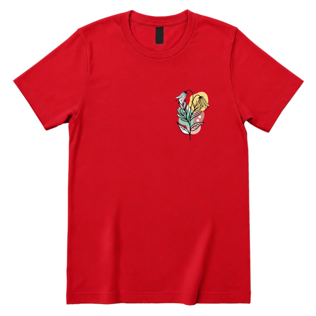 Boho Wildflower Pocket Print T‑Shirt, Minimal Floral Line Art Tee, Subtle Botanical Casual Top, Abstract Wild Flower Shirt, Soft Boho Daily Wear Tee - Red Front