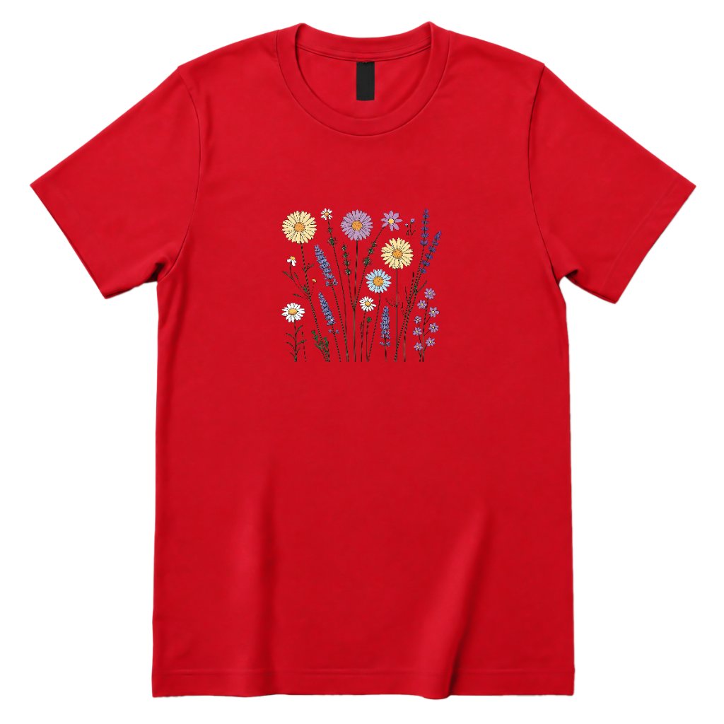 **Boho Lavender Daisy Wildflower Shirt, Abstract Floral Graphic Casual Short Sleeve Top** - Red Front
