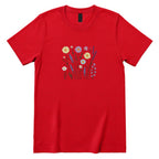**Boho Lavender Daisy Wildflower Shirt, Abstract Floral Graphic Casual Short Sleeve Top** - Red Front