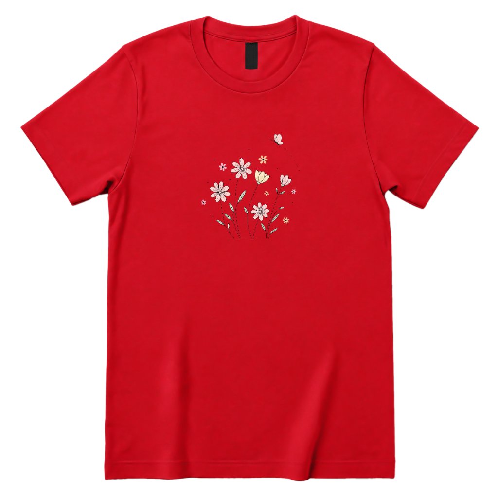 Soft Pastel Pink Floral Butterfly Graphic Tee - Red Front