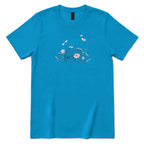 **Line Art Floral Dragonfly Bee Graphic Tee, Boho Wildflower Casual Short Sleeve Shirt** - Sapphire Front