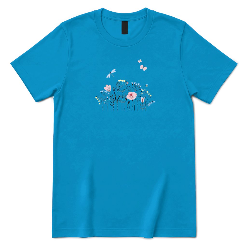 **Line Art Floral Dragonfly Bee Graphic Tee, Boho Wildflower Casual Short Sleeve Shirt** - Sapphire Front