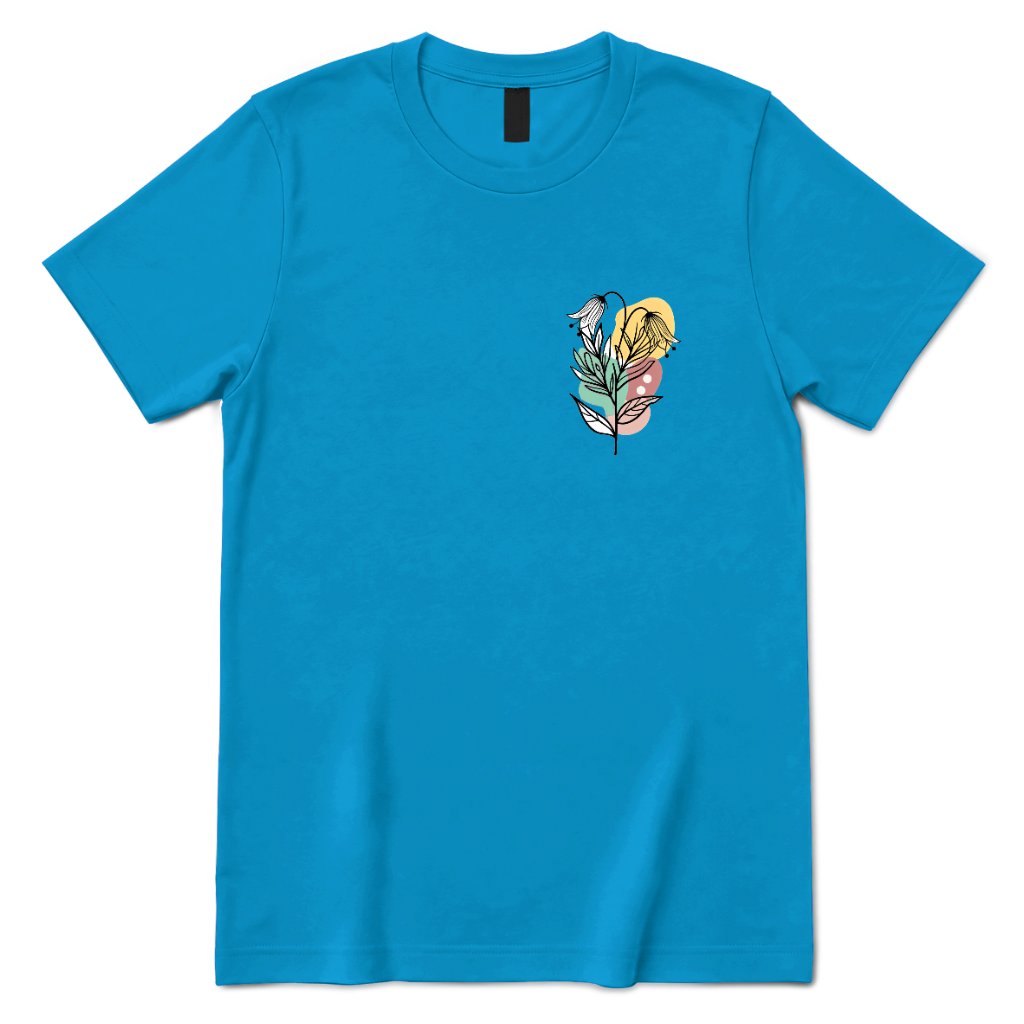 Boho Wildflower Pocket Print T‑Shirt, Minimal Floral Line Art Tee, Subtle Botanical Casual Top, Abstract Wild Flower Shirt, Soft Boho Daily Wear Tee - Sapphire Front