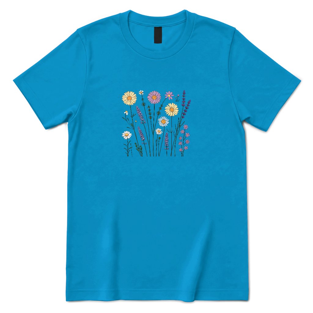 **Boho Lavender Daisy Wildflower Shirt, Abstract Floral Graphic Casual Short Sleeve Top** - Sapphire Front