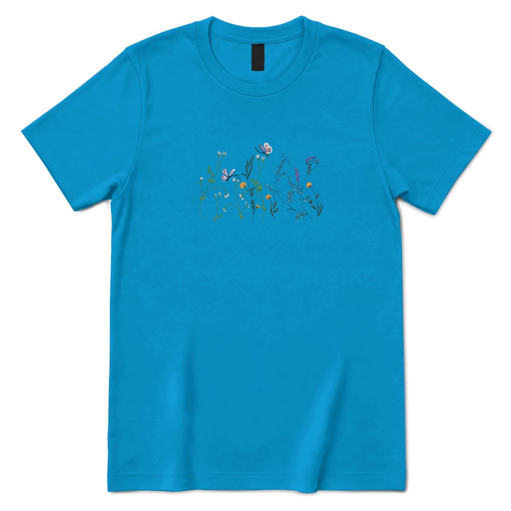 Vintage Embroidery Butterfly Wildflower Graphic Tee, Women Premium 100% Cotton Relaxed Fit Crew Neck Short Sleeve Top, Minimal Printed T‑Shirt for Street Outdoor Daily Office Casual Outfits - Sapphire Front